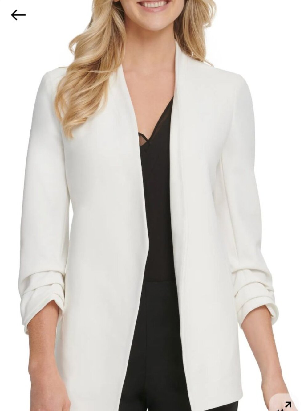 DKNY Scuba Crepe Ruched Sleeve Open Front Blazer Ivory M
